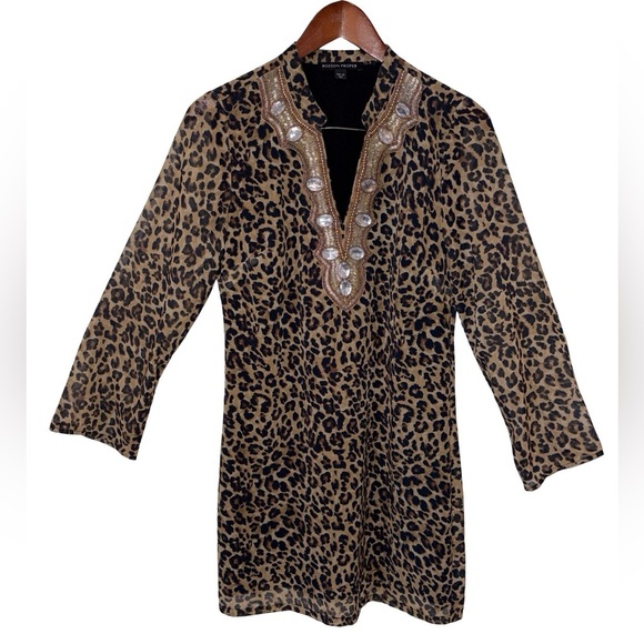 Boston Proper Tops - Boston Proper Leopard Print Embellished Tunic Dress XS Jeweled Neck Animal Print